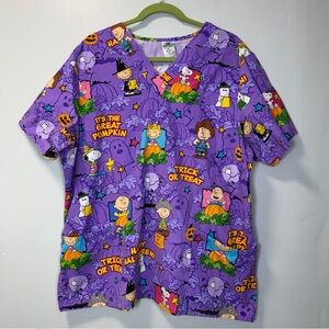 Peanuts Vintage Purple Halloween Two Pocket Scrub Top Size XL